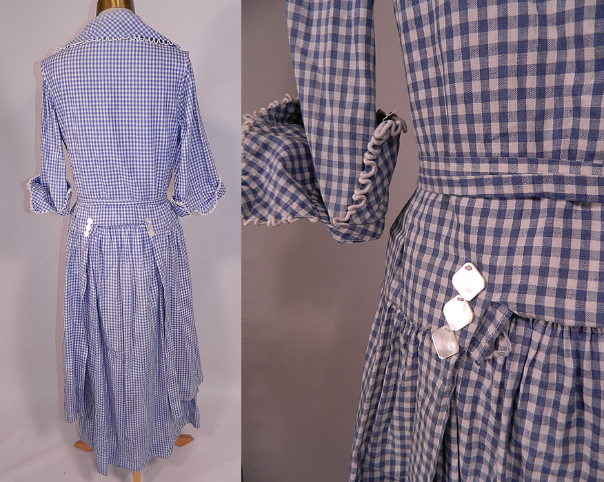 Edwardian Blue & White Gingham Check Cotton Pinafore Belted Day Dress
The dress measures 48 inches long, with 50 inch hips, a 32 inch waist and 36 inch bust. It is in excellent condition. This is truly a wonderful piece of wearable art!