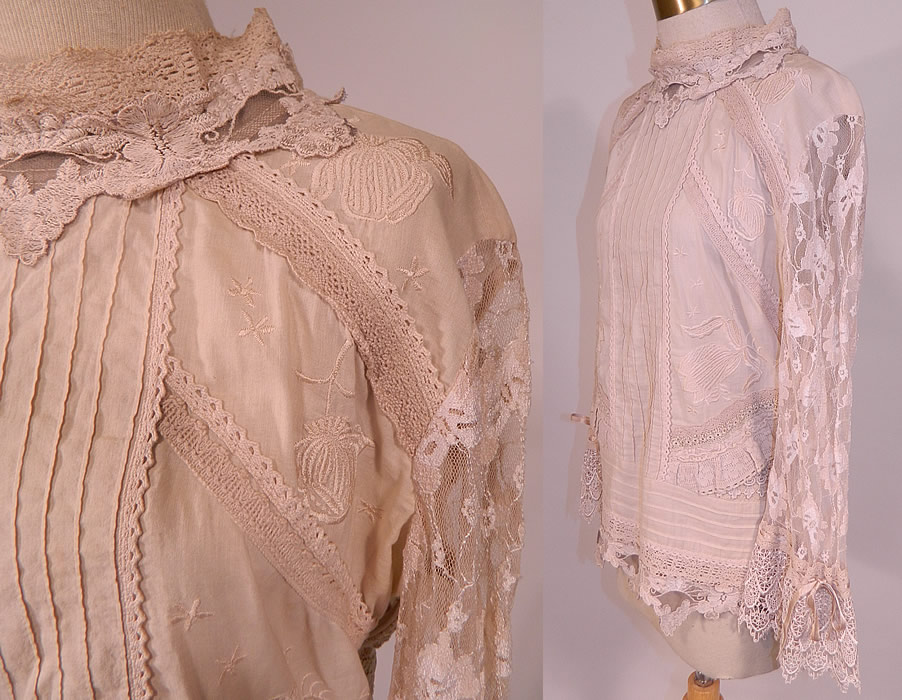 Vintage Whistles London Cream Lace Cotton Embroidered Applique Trim Blouse Shirt
The blouse has a Victorian era style created from antique vintage laces.
