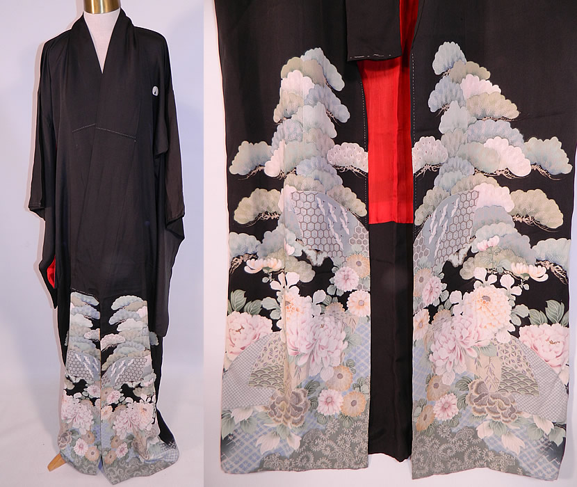 Vintage Japanese Geisha Formal Family Crest Mon Black Silk Screen Floral Kimono
This vintage Japanese geisha formal family crest mon black silk screen floral kimono dates from the Showa Period 1930s. It is hand stitched, made of a black silk crepe fabric, with a colorful pastel floral, trees, crane bird silk screen design along the bottom front.