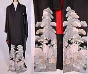 Vintage Japanese Geisha Formal Family Crest Mon Black Silk Screen Floral Kimono
