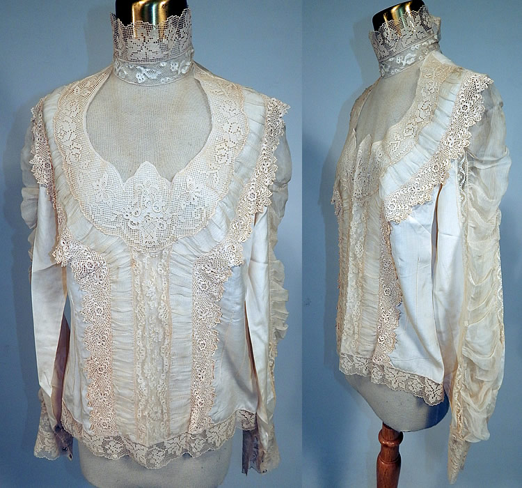 Vintage Victorian Style Ecru Cream Cotton Irish Crochet Filet Lace Applique Trim Blouse
This vintage Victorian style ecru cream cotton Irish crochet filet lace appliqué trim blouse dates from the 1970s. It is made of an off white ecru cream color cotton fabric, with sheer silk pleated pin tucks trim and a variety of laces, filet, Irish crochet appliqué trimmings.