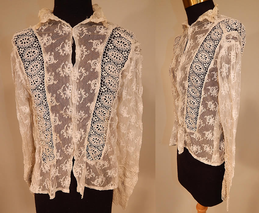 Vintage Edwardian Ecru Cream Tambour Embroidery Net Mixed Lace Blouse Jacket
This vintage Edwardian era ecru cream tambour embroidery net mixed lace blouse jacket dates from 1910. It is made of an off white ecru cream color sheer net fabric, with tambour embroidery work floral designs and lace trim inserts.