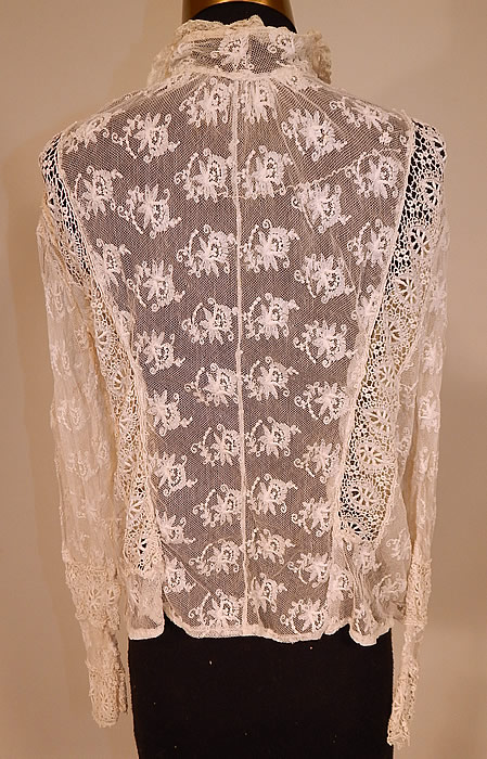 Vintage Edwardian Ecru Cream Tambour Embroidery Net Mixed Lace Blouse Jacket
The top measures 20 inches long, with a 30 inch waist, 34 inch bust and 22 inch long sleeves. It is in good condition, with only a few tiny pin holes. This is truly a wonderful piece of wearable antique lace art!
