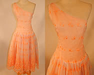 Vintage Peach Pastel Organdy Eyelet Embroidered One Shoulder Circle Skirt Dress

