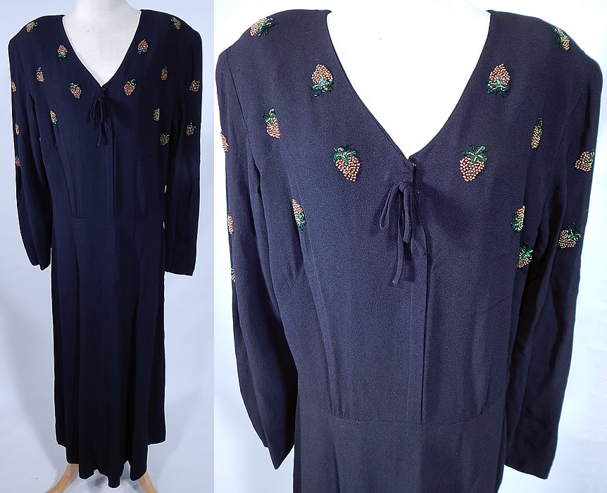 Vintage Eisenberg Originals Black Silk Crepe Strawberry Beaded Cocktail Dress
This vintage Eisenberg Originals black silk crepe strawberry beaded cocktail dress dates from the 1940s. It is made of a black silk crepe de fabric, with red, gold, green beaded strawberries along the top.