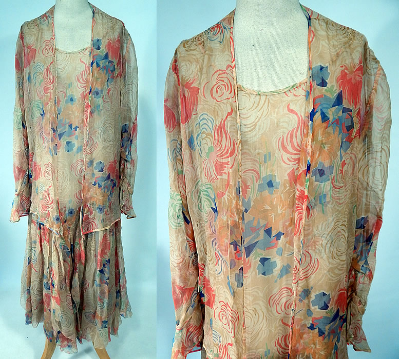 Vintage Art Deco Colorful Abstract Print Silk Chiffon Drop Waist Dress & Jacket
This vintage Art Deco colorful abstract print silk chiffon drop waist dress and jacket dates from the 1920s. It is made of an ecru cream color background with pops of colorful abstract floral print designs on the sheer silk chiffon fabric.