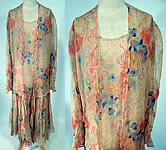 Vintage Art Deco Colorful Abstract Print Silk Chiffon Drop Waist Dress & Jacket
