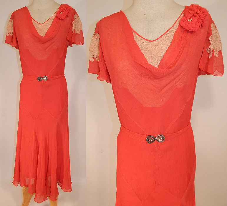 Vintage Red Silk Chiffon Cream Lace Floral Trim Belted Bias Cut Dress
This vintage red silk chiffon cream lace floral trim belted bias cut dress dates from the 1930s. It is made of a reddish orange color sheer silk chiffon fabric, with an ecru cream color lace appliqu&eacute; on the sleeves and necklines. 