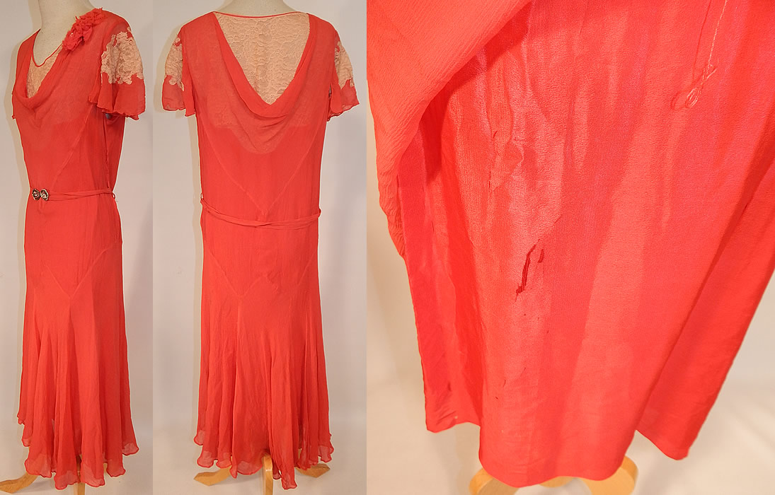 Vintage Red Silk Chiffon Cream Lace Floral Trim Belted Bias Cut Dress
The dress measures 47 inches long, with 36 inch hips, a 36 inch waist and 34 inch bust. It is in good condition, but the inside silk lining has several splits and frays (see close-up). This is truly a wonderful piece of wearable art!