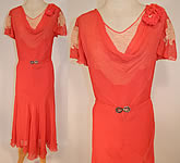 Vintage Red Silk Chiffon Cream Lace Floral Trim Belted Bias Cut Dress
