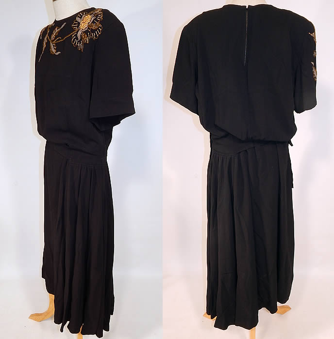 Vintage Eisenberg Originals Black Silk Crepe Gold Flower Beaded Cocktail Dress
The dress is a large size measuring 50 inches long, with 38 inch hips, a 30 inch waist and 38 inch bust. It is in good condition. This is truly a rare and wonderful piece of designer wearable art!