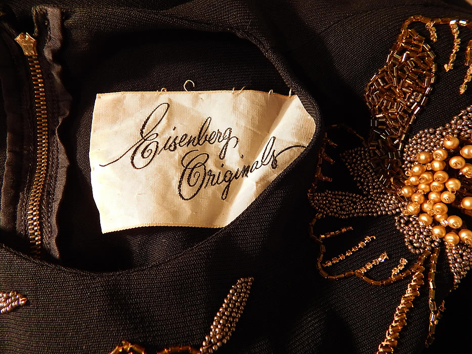 Vintage Eisenberg Originals Black Silk Crepe Gold Flower Beaded Cocktail Dress
There is an "Eisenberg Originals" designer label sewn inside and was made with quality construction workmanship.