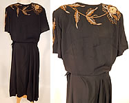 Vintage Eisenberg Originals Black Silk Crepe Gold Flower Beaded Cocktail Dress
