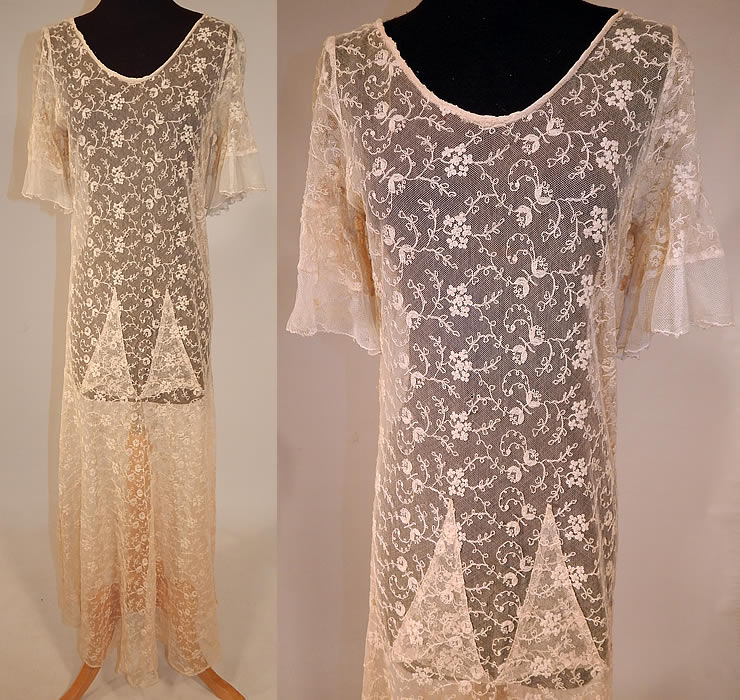 Vintage Ecru Cream Tambour Embroidery Tulle Net Lace Bias Cut Dress Gown.
