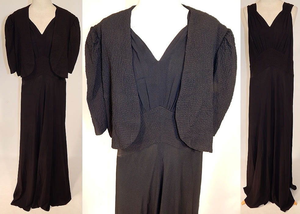 Vintage Black Silk Crepe Gold Quilted Bias Cut Evening Gown Dress & Jacket
