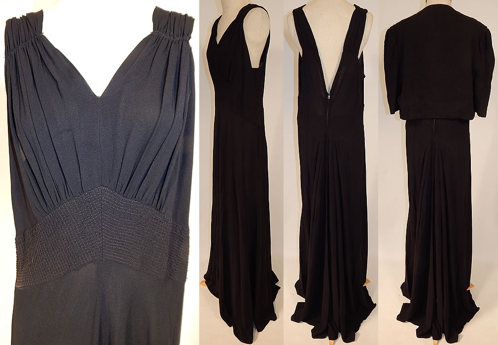 Vintage Black Silk Crepe Gold Quilted Bias Cut Evening Gown Dress & Jacket

