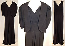 Vintage Black Silk Crepe Gold Quilted Bias Cut Evening Gown Dress & Jacket
