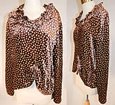 Vintage Art Deco Brown Silk Velvet Print Ruffle Collar Flapper Blouse Shirt Top
