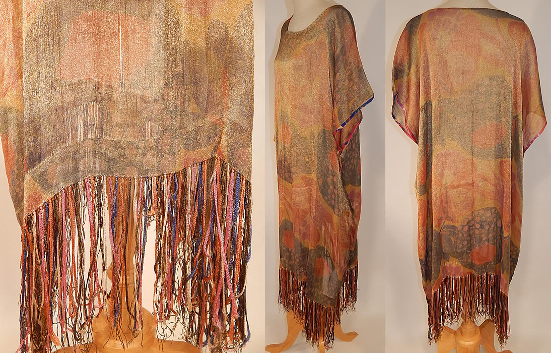 Vintage Art Deco Gold Lam&eacute; Lame Abstract Print Silk Fringe Flapper Shawl Dress
There is multi-color silk fringe hand knotted along the bottom skirt hem. This fabulous flapper boho piano shawl dress has a loose fitting shift style, with wide short sleeves and is sheer, unlined. 