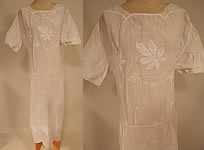 Vintage White Cotton Batiste Embroidered Forget-me-not Floral Leaf Drop Waist Dress
