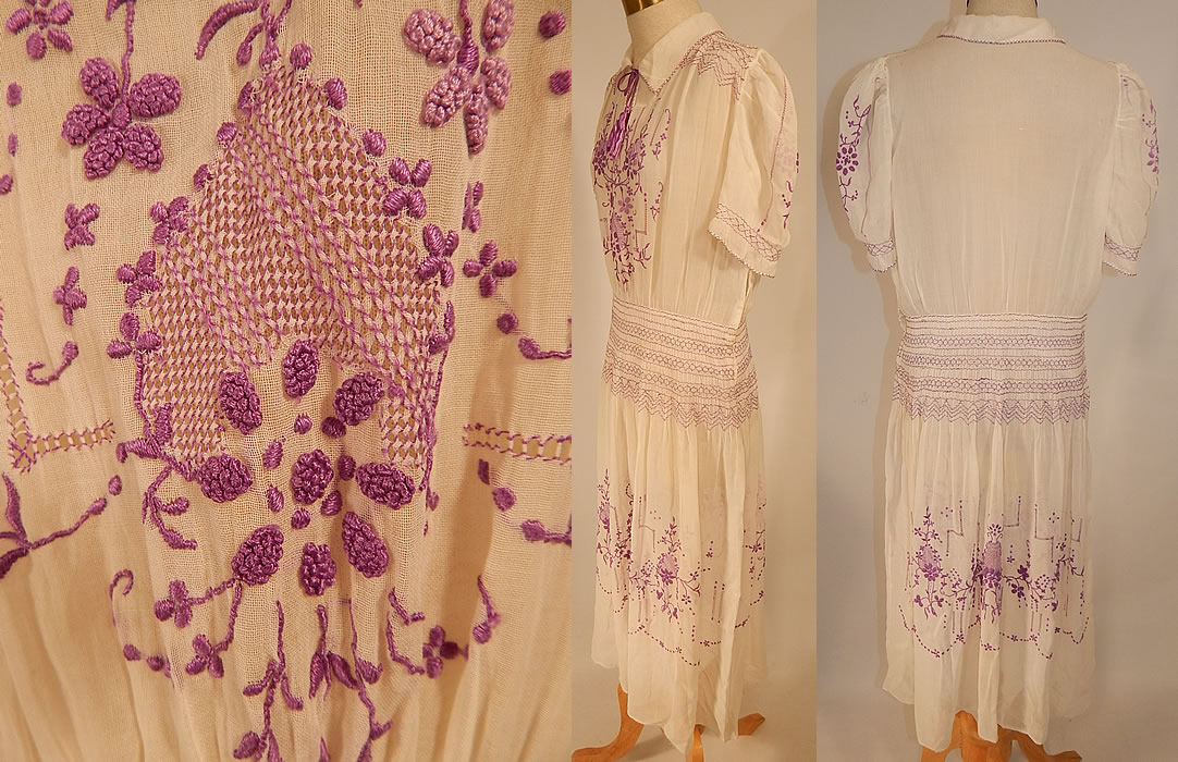 Vintage White Cotton Purple Embroidered Smocking Boho Peasant Drop Waist Dress
The dress measures 47 inches long, with 36 inch hips, a 26 inch waist and 36 inch bust. It is in excellent condition. This is truly a wonderful piece of wearable bohemian peasant textile folk art!
