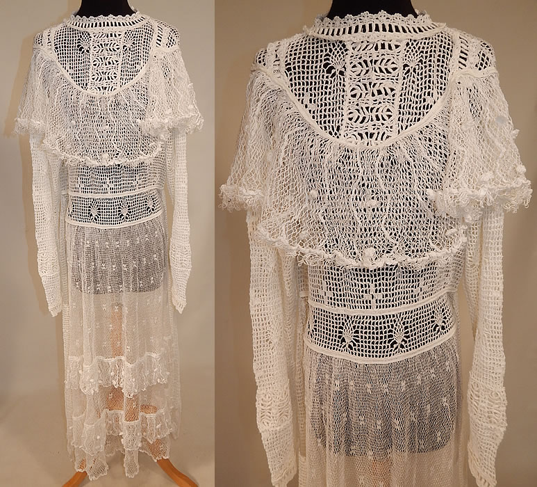 Vintage Victorian Style White Crochet Lace Flounce Ruffle Boho Maxi Dress
This vintage Victorian style white crochet lace flounce ruffle boho maxi dress dates from the 1970s. It is made of a white sheer cotton crochet knit fabric, with a mesh net flounce ruffle polka dot design collar and skirt.