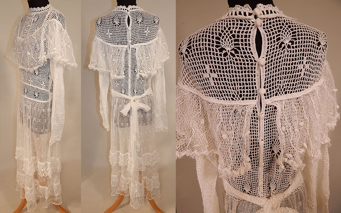 Vintage Victorian Style White Crochet Lace Flounce Ruffle Boho Maxi Dress
The dress measures 54 inches long, with 40 inch hips, a 30 inch waist, 36 inch bust and 22 inch long sleeves. It is in excellent condition. This is truly a wonderful piece of wearable lace art! 