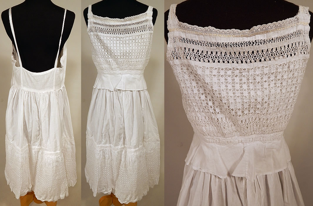 Edwardian White Cotton Linen Drawnwork Lace Camisole Top & Full Slip Dress
It is in good condition and could be worn as a summer dress. This is truly a wonderful piece of wearable textile lace art!