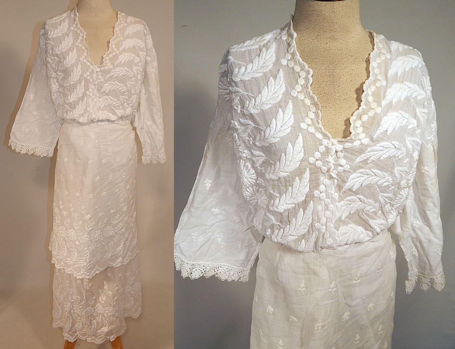 Edwardian Embroidered White Cotton Batiste Lace Dress Blouse & Skirt Fabric
This antique Edwardian era embroidered white cotton batiste lace dress blouse and skirt fabric dates from 1910. It is made of a sheer fine white cotton batiste fabric, with raised padded satin stitch embroidery work done in a daisy floral leaf, polka dot pattern design and lace trim.