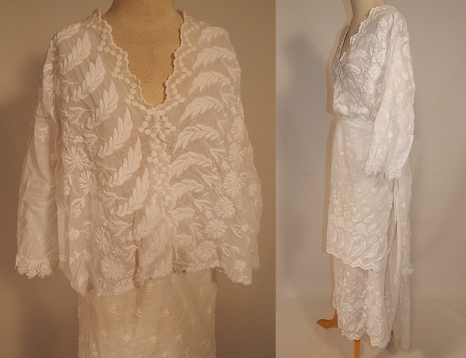 Edwardian Embroidered White Cotton Batiste Lace Dress Blouse & Skirt Fabric
This lovely lace whitework dress is two piece, with a blouse top, scalloped edge low neckline, 3/4 length sleeves, lace ruffle trim cuffs, snap closures down the back and is sheer, unlined.