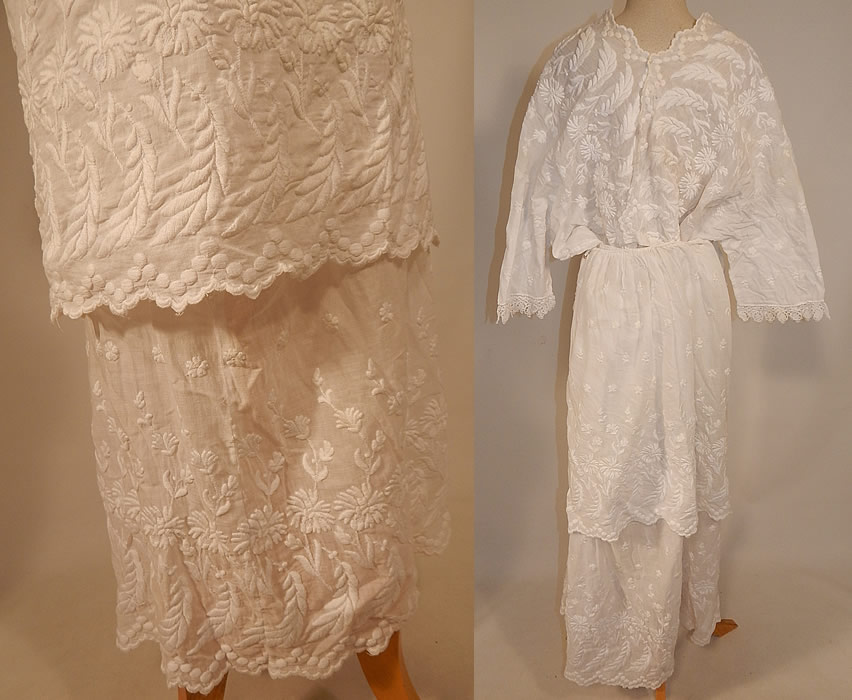 Edwardian Embroidered White Cotton Batiste  Lace Dress Blouse & Skirt Fabric
The top measures 19 inches long, with a 44 inch waist and bust. There is a matching fabric long floor length tiered layered skirt, with back drape and the waistband has been removed. 