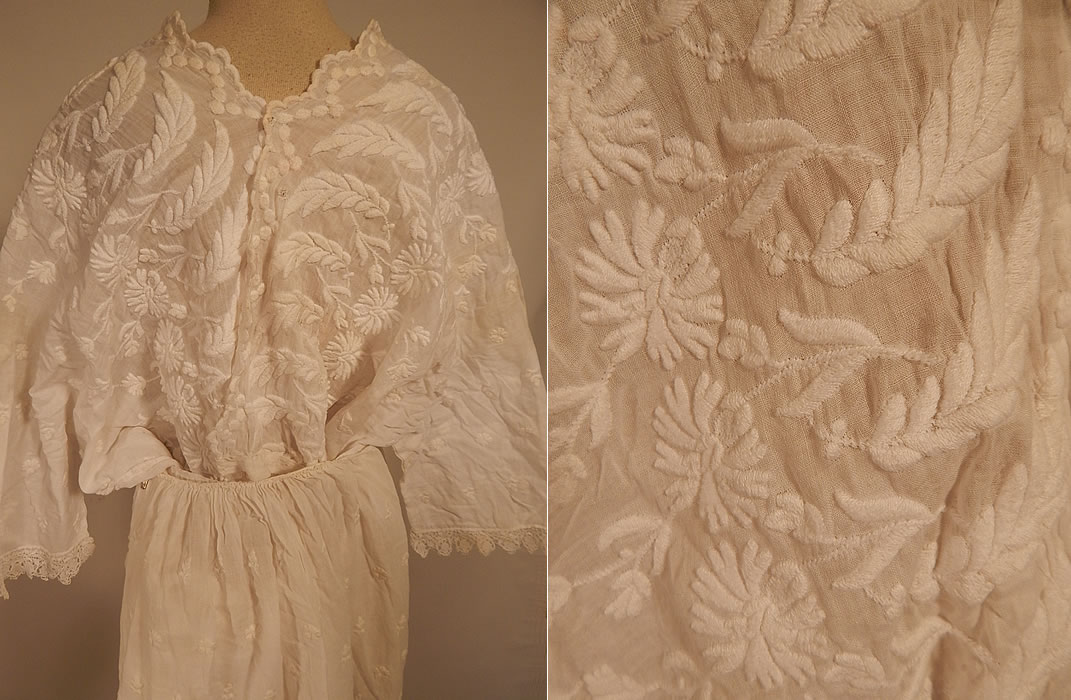 Edwardian Embroidered White Cotton Batiste  Lace Dress Blouse & Skirt Fabric
The skirt measures 37 inches long, with a 48 inch waist. It is in good condition, with some faint yellowing discoloration in areas and the skirt needs to be reworked since it has been taken apart. This is truly a wonderful piece of antique textile art which could be used for design and worn as a wedding gown or graduation dress!