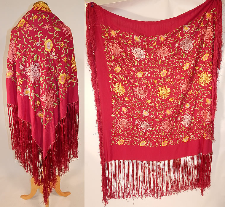 Vintage Red Rose Silk Pastel Floral Embroidered Flapper Boho Piano Shawl
This vintage rose red silk pastel floral embroidered flapper boho piano shawl dates from the 1920s. It is made of a rose red magenta color silk fabric, with machine done embroidered colorful pastel flowers. There is matching red color hand knotted silk fringe which measures 15 inches long surrounding the entire shawl.