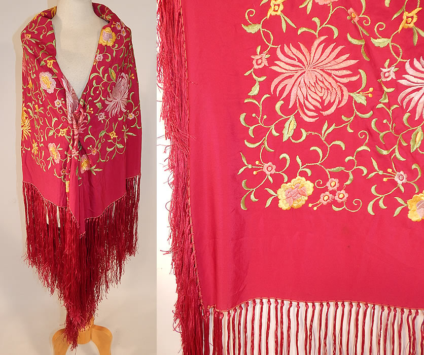 Vintage Red Rose Silk Pastel Floral Embroidered Flapper Boho Piano Shawl
The shawls fabric square measures 54 by 54 inches. It is in good condition. This beautiful bohemian piano shawl is a wonderful piece of wearable textile art!
