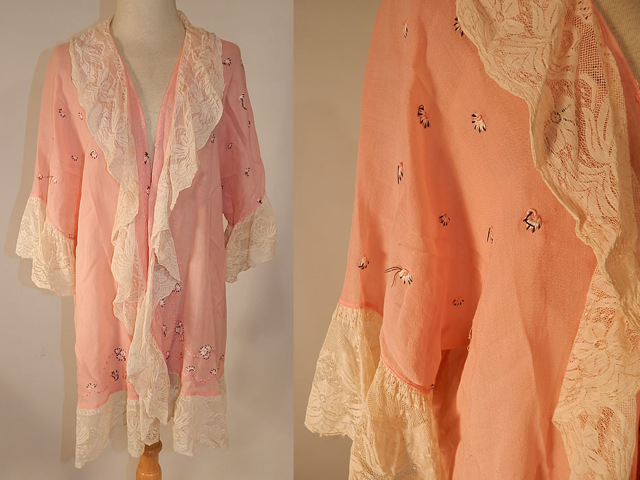 Vintage Pink Cotton Embroidered Daisies Lace Trim Flapper Peignoir Robe Bed Jacket
This vintage pink cotton embroidered daisies lace trim flapper peignoir robe bed jacket dates from the 1920s. It is made of a pink pastel cotton batiste fabric, with black and white, pink daisy floral rosette French knot embroidery work and white lace trim edging. 