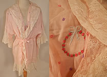 Vintage Pink Cotton Embroidered Rosette Lace Trim Flapper Peignoir Robe Bed Jacket

