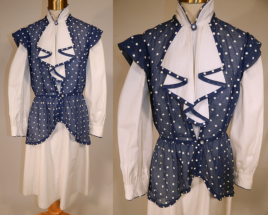 Vintage Navy Blue & White Cotton Polka Dot Dress Jabot Peplum Jacket Top
This vintage navy blue and white cotton polka dot dress, jabot, peplum jacket top dates from the 1940s. It is made of a crisp white cotton fabric dress, with a sheer navy blue and white polka dot cotton batiste fabric top. This stylish sophisticated two piece outfit includes a white dress with navy blue polka dot trim edging, a jabot ruffle trim front neckline, high neck collar, long full sleeves, button cuffs, a fitted waist, short mid length skirt and back zipper closure.