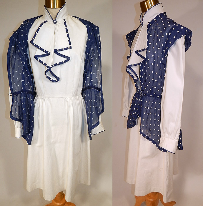 Vintage Navy Blue & White Cotton Polka Dot Dress Jabot Peplum Jacket Top
It is in good condition, with only a small faint yellow stain on the bottom front skirt. This is truly a unique custom made piece of wearable art!