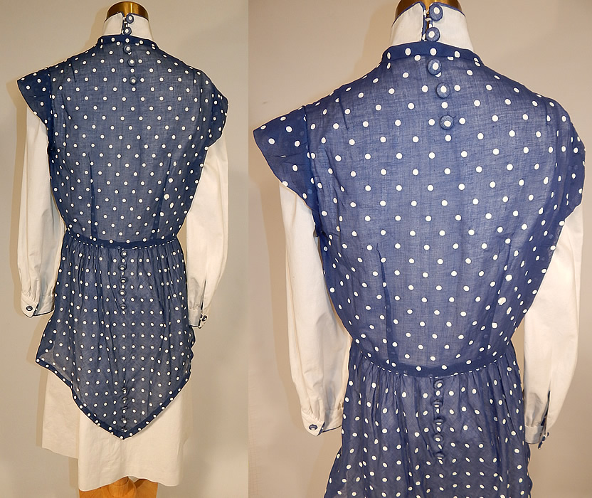 Vintage Navy Blue & White Cotton Polka Dot Dress Jabot Peplum Jacket Top
The dress measures 42 inches long, with 40 inch hips, a 26 inch waist, 36 inch bust and 24 inch long sleeves. Included is a sheer, unlined navy blue polka dot overblouse, jacket style top with an uneven asymmetrical peplum skirted waist tapered longer in the back, with a cut away front, short cap sleeves, fabric covered button trim accents and closures. 