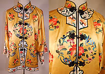 Vintage Bai hua Chinese Yellow Silk Rayon Embroidered Peony Flower Robe Coat
