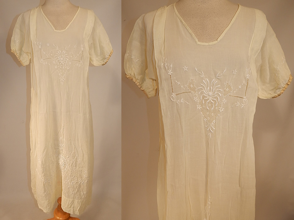 Vintage Boho Yellow Cotton Batiste Embroidered Drawn Cut Work Drop Waist Dress
This vintage boho yellow cotton batiste embroidered drawn cut work drop waist dress dates from the 1920s. It is made of a pale pastel yellow fine cotton batiste fabric, with drawn cut work and white raised padded satin stitch, French knot embroidery work of flowers on the front top and around the bottom skirt.