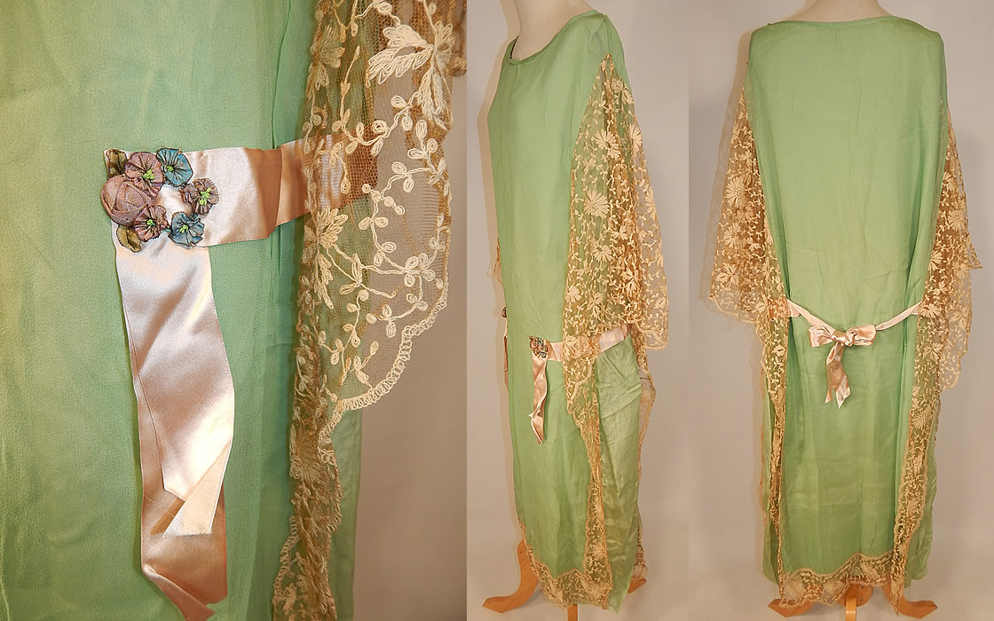 Vintage Mint Green Silk Tambour Lace Rosette Ribbon Batwing Drop Waist Dress
This pretty pastel green flapper morning dress has a loose fitting drop waist style, with sheer lace batwing flared sleeves and a pink silk ribbon belted tie sash back. The dress measures 45 inches long, with 40 inch hips, a 38 inch waist and 38 inch bust. It is in excellent condition. This is truly a wonderful piece of wearable art!