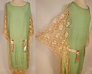 Vintage Mint Green Silk Tambour Lace Rosette Ribbon Batwing Drop Waist Dress
