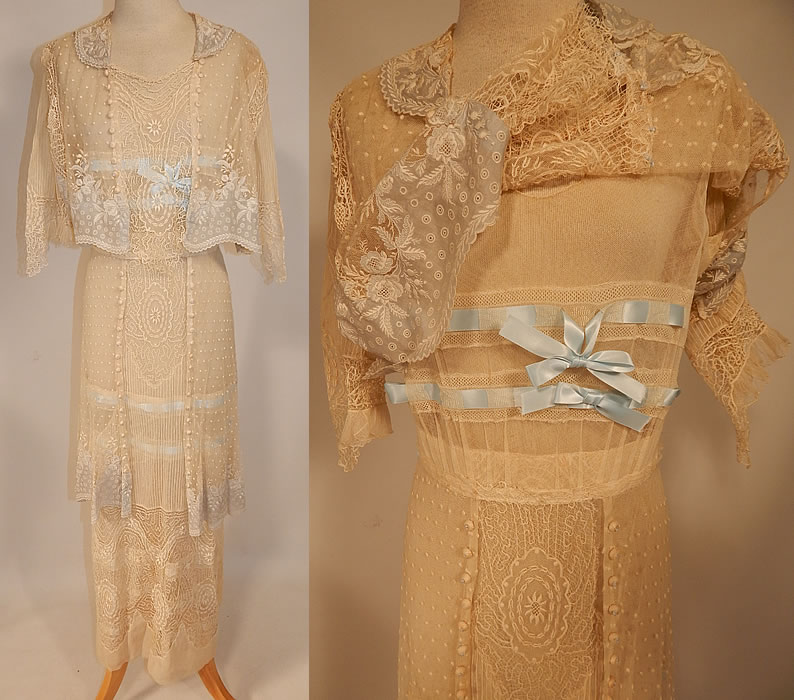 Edwardian Belle Epoque White Normandy Mixed Lace Blue Ribbon Wedding Gown Dress
This exquisite Edwardian era Belle Epoque antique white Normandy mixed lace blue ribbon wedding gown dress dates from 1910. It is made of an off white sheer tulle net, Normandy mixed lace fabric, with white cotton batiste embroidered inserts on the top and a baby blue ribbon woven around the top and skirt.