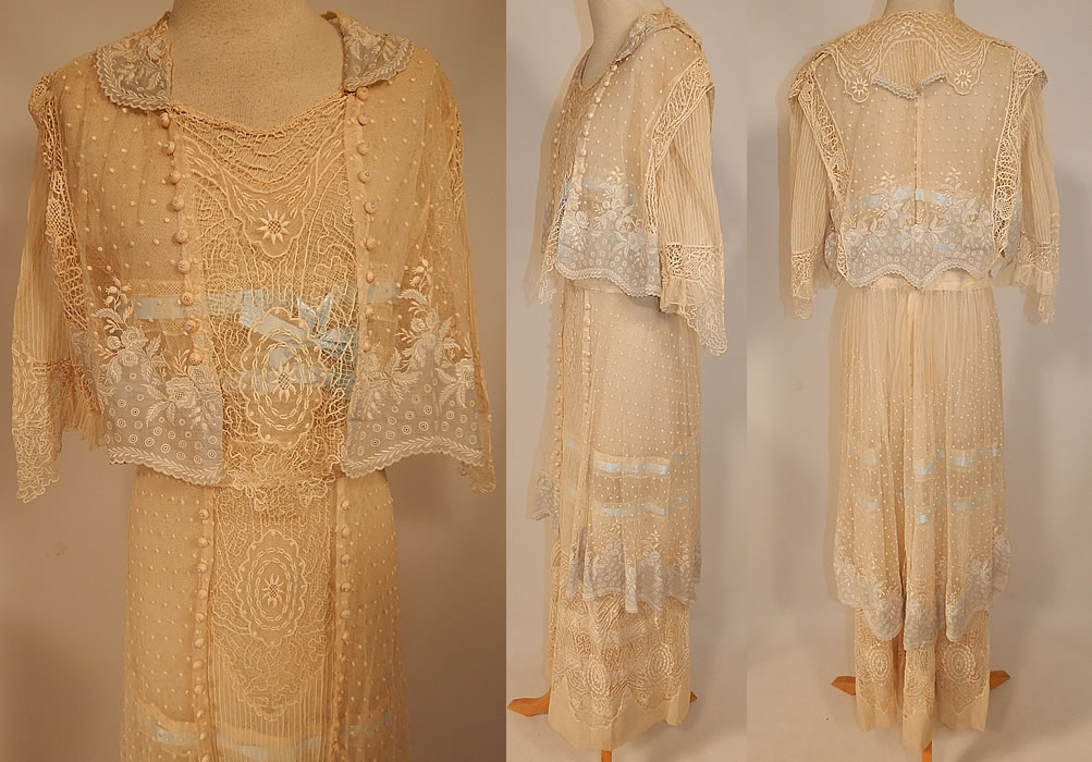 Edwardian Belle Epoque White Normandy Mixed Lace Blue Ribbon Wedding Gown Dress
This lovely lace dress is a long floor length, with a layered middy style sleeveless vest over top, crochet knotted button trim accents, sailor collar, 3/4 length sleeves, a tiered peplum over skirt, hook closures down the back and is lined in net. 