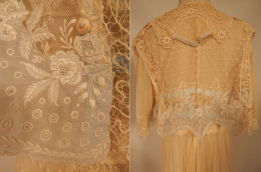 Edwardian Belle Epoque White Normandy Mixed Lace Blue Ribbon Wedding Gown Dress
The dress measures 54 inches long, with 38 inch hips, a 28 inch waist, 34 inch bust and 13 inch back. 