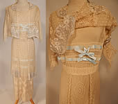 Edwardian Belle Epoque White Normandy Mixed Lace Blue Ribbon Wedding Gown Dress

