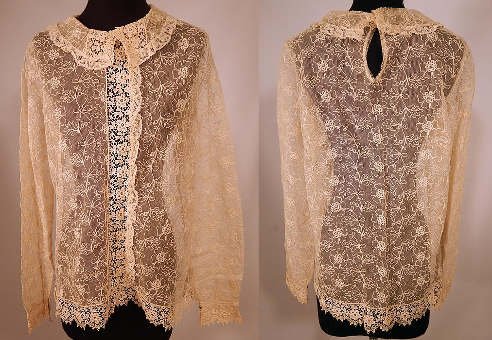 Vintage Ecru Cream Soutache Tambour Embroidery Tulle Net Lace Blouse Top
This vintage ecru cream soutache tambour embroidery tulle net lace blouse top dates from the 1930s. It is made of an off white ecru cream color cotton sheer tulle net fabric, with raised soutache tambour embroidery work done in a floral vine leaf pattern design throughout and machine lace trim edging.