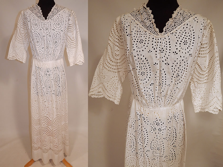Victorian White Cotton Batiste Broderie Anglaise Eyelet Embroidery Cutwork Lace Dress
This antique Victorian era white cotton batiste broderie anglaise eyelet embroidery cutwork lace dress dates from 1900. It is made of a sheer white cotton batiste fabric, with a broderie anglaise eyelet embroidery cutwork whitework lace.