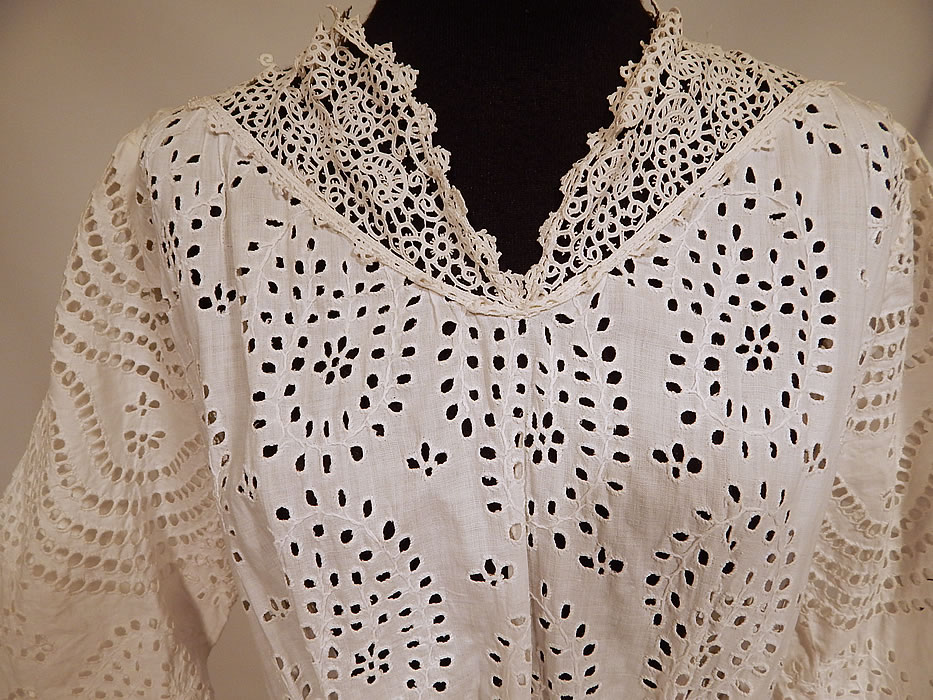 Victorian White Cotton Batiste Broderie Anglaise Eyelet Embroidery Cutwork Lace Dress
This lovely ladies lace lawn dress is a long floor length, with lace trim yoke collar neckline, 3/4 length sleeves, a fitted waistband, hook closures down the back and is sheer, unlined.
